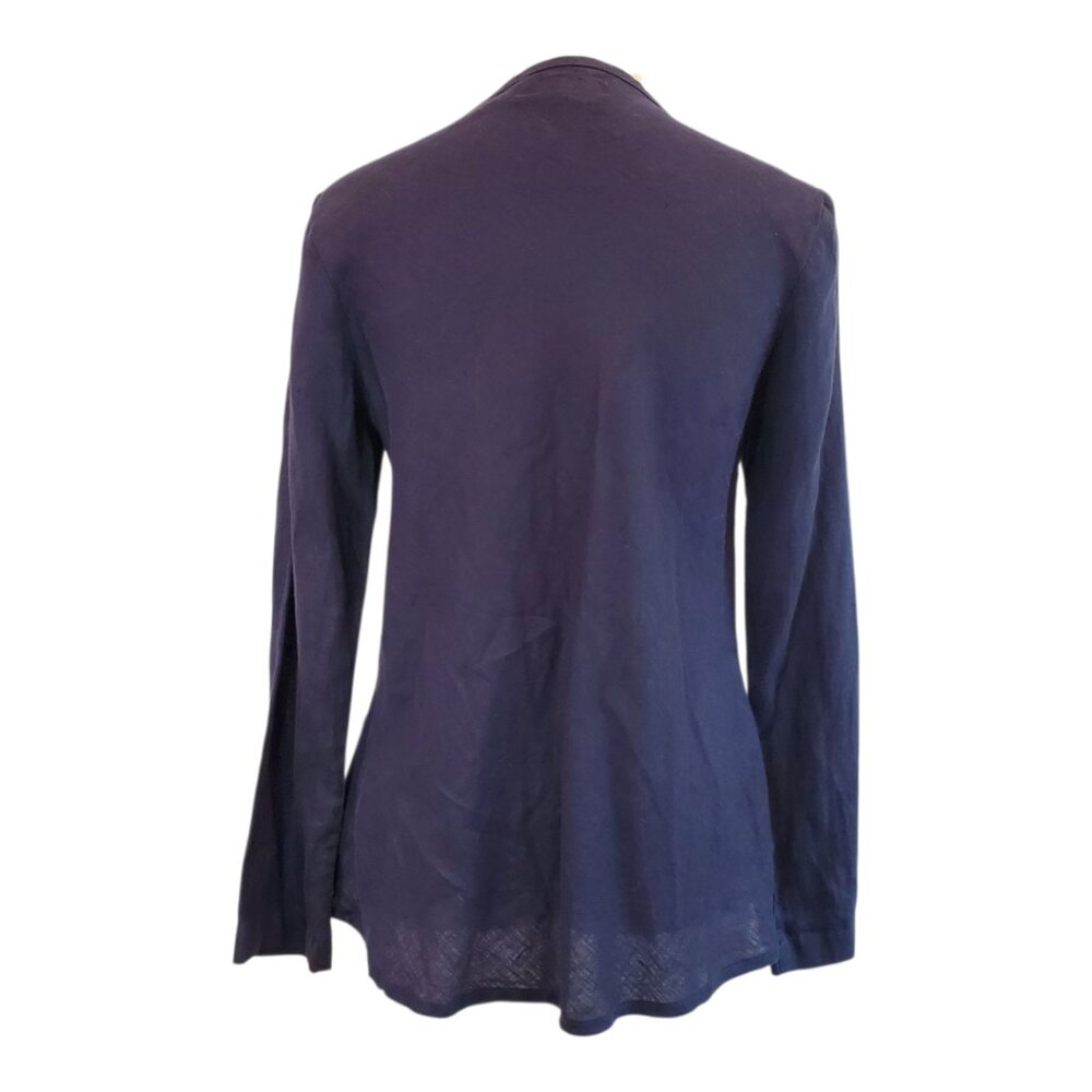 FLAX SZ P (4-6) Women's Long-sleeve Button Down Midnight Blue Linen Blouse Top - Picture 6 of 11